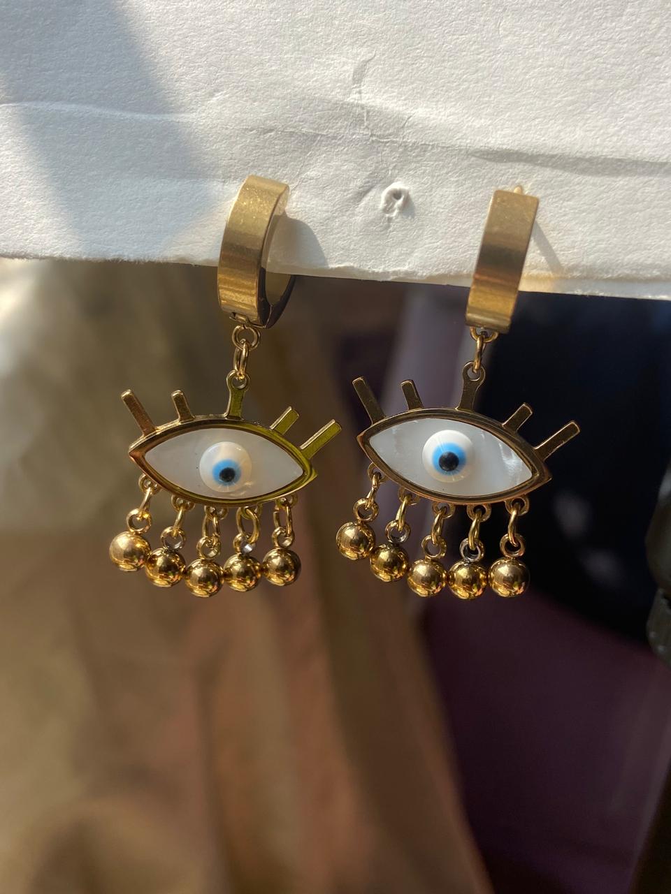 Golden Evil Eye Charm Drop Earrings