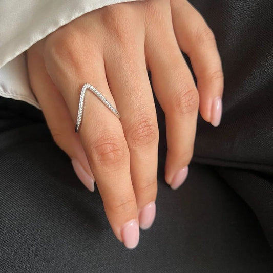V Shape Diamond Silver Ring
