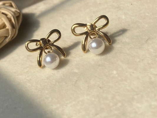 Golden Bow Pearl Stud Earrings