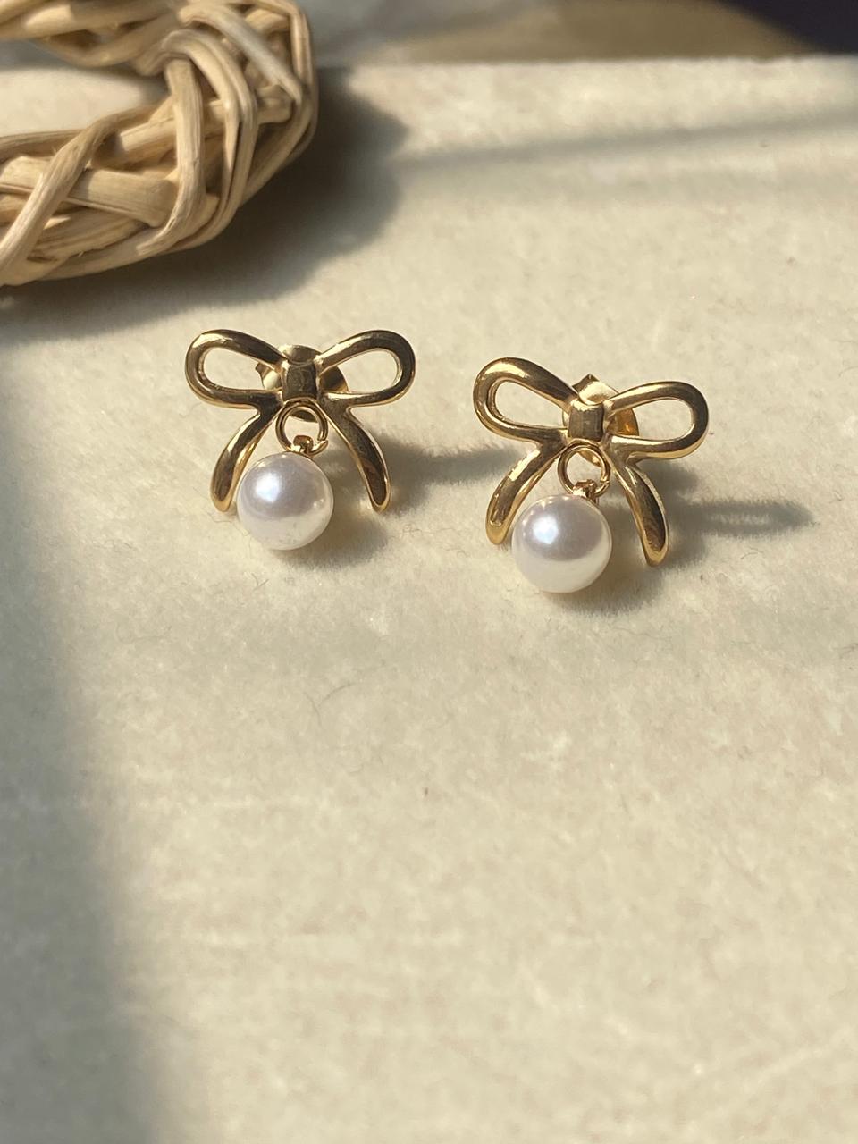 Golden Bow Pearl Stud Earrings