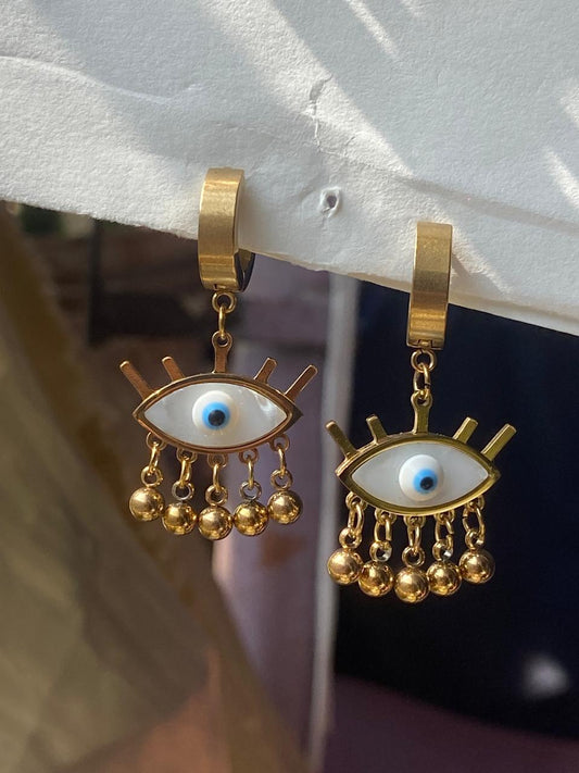 Golden Evil Eye Charm Drop Earrings